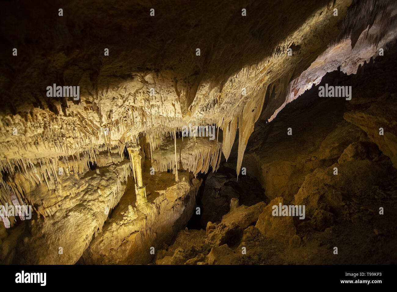 Cave interior with stalactites and stalagmites, Cuevas del Drach, Mallorca, Spain. Stock Photo