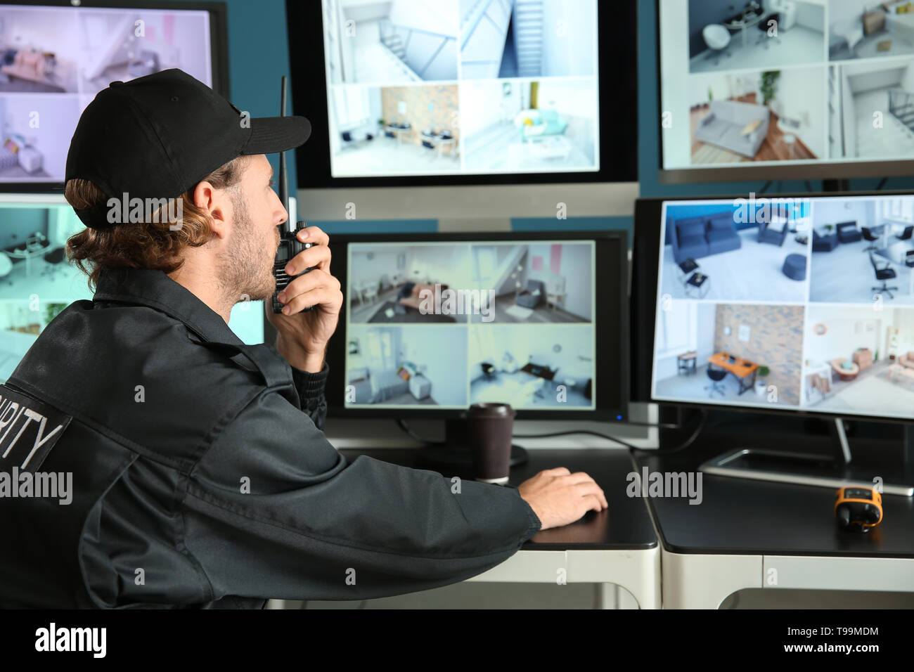 Security guard monitoring modern CCTV cameras in surveillance room