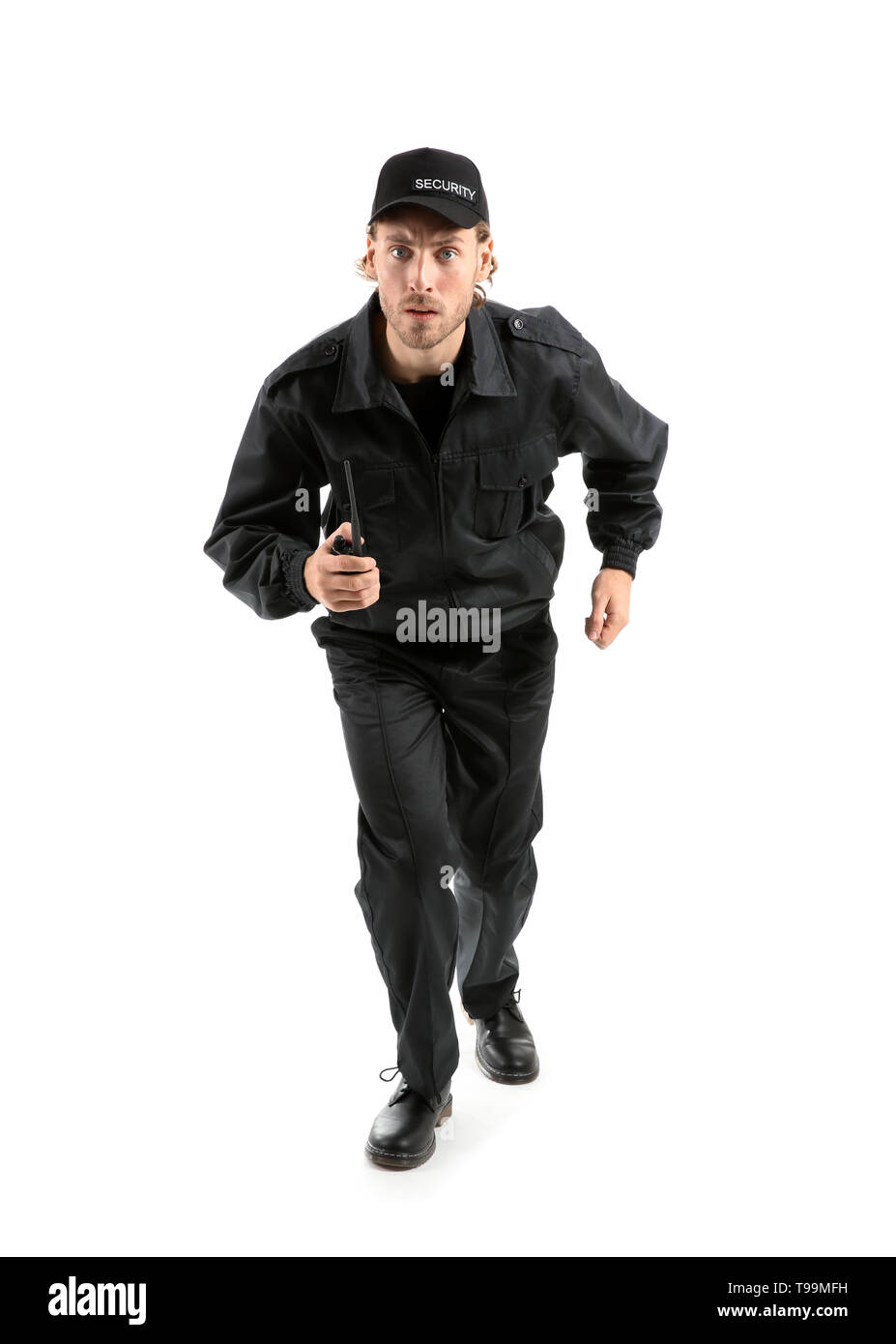 Running security guard on white background Stock Photo - Alamy