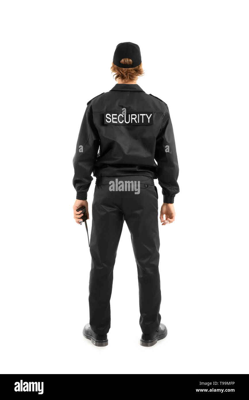 Male security guard on white background, back view Stock Photo - Alamy