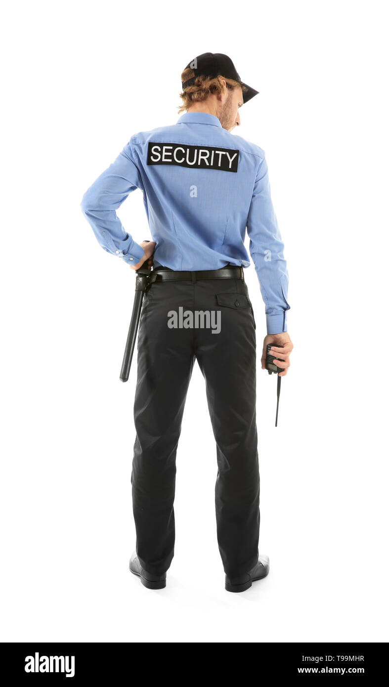 Securityman Background Male security guard on white background, back view Stock Photo - Alamy