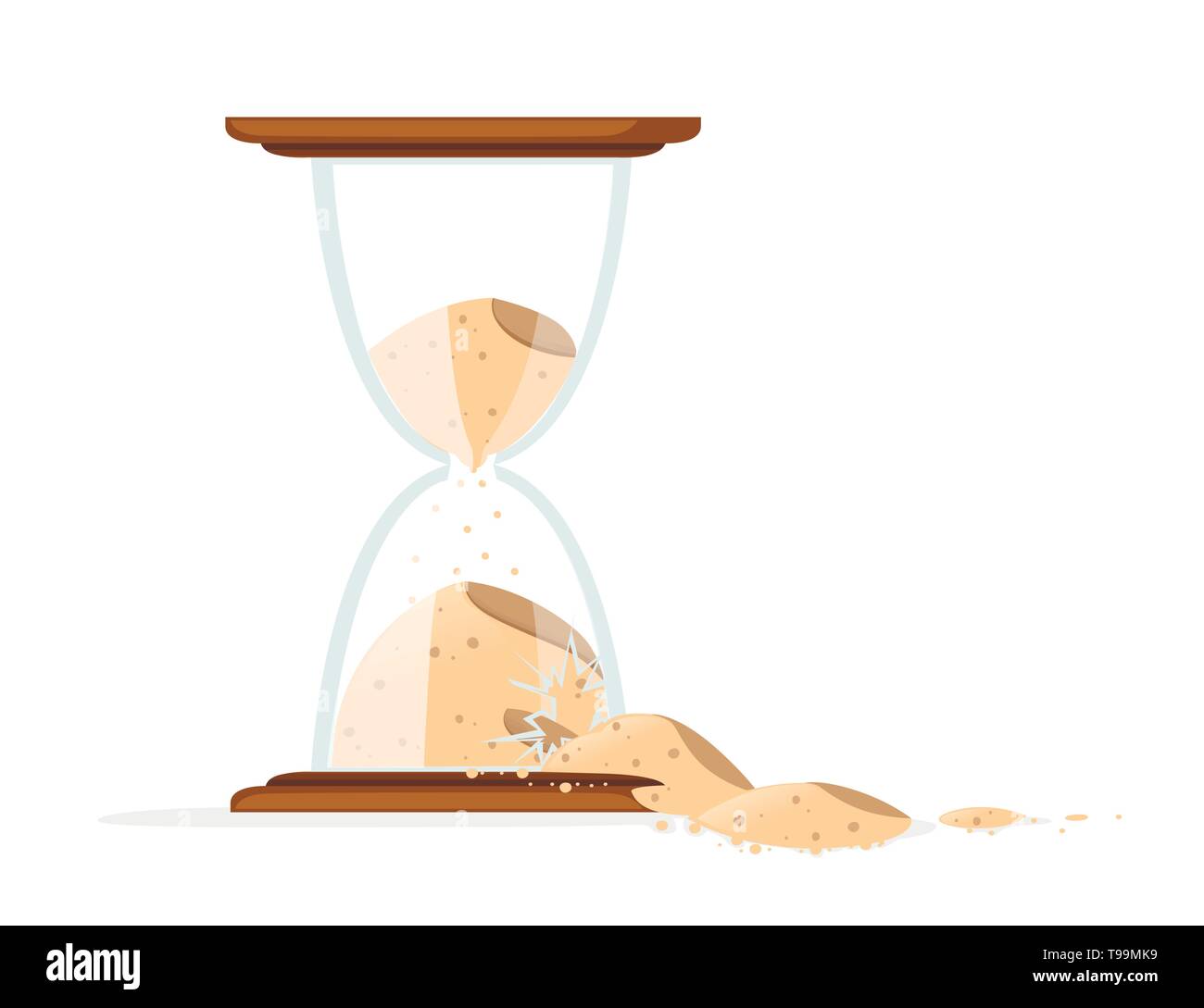 Broken Hourglasses colored icon. Sand pours out. Flat vector illustration isolated on white background. Antique time measurement. Transparent glass. Stock Vector