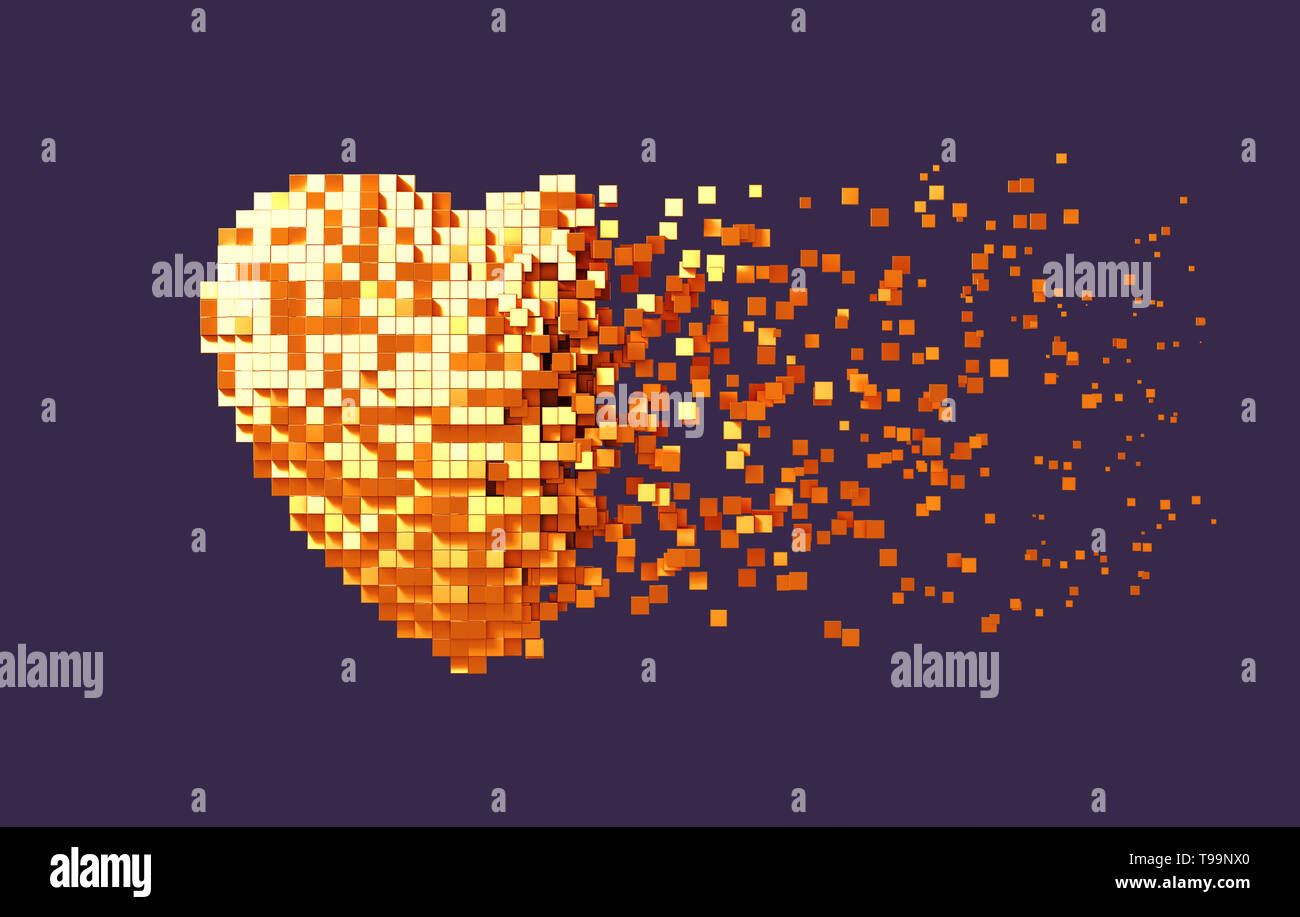 Disintegration Of Golden Digital Heart On Purple Background. 3D Illustration. Stock Photo