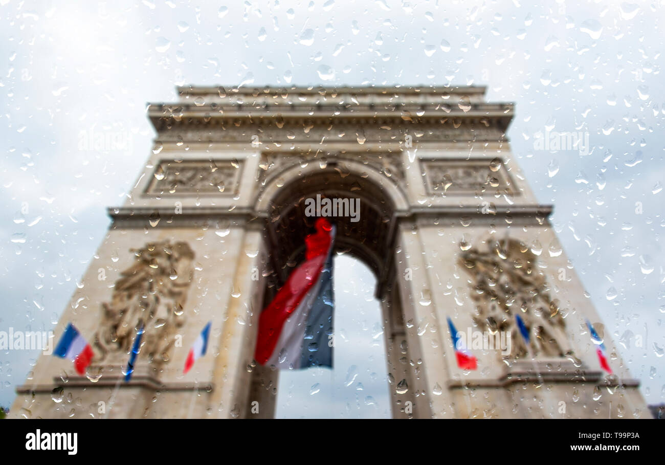 Paris during heavy Rain, raining Day in Paris, Drops on the window Stock Photo