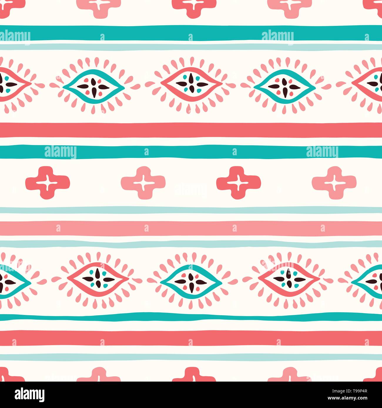 Colorful Hand Drawn Wavy Uneven Horizontal Stripes, Diamonds and Crossed Vector Seamless Pattern. Tribal Abstract Geo Texture. Modern Whimsical Print Stock Vector