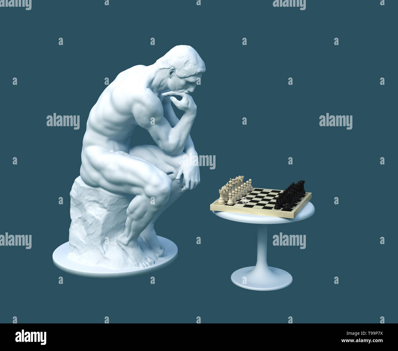 Sculpture Thinker Pondering The Chess Game On Blue Background. 3D Illustration. Stock Photo