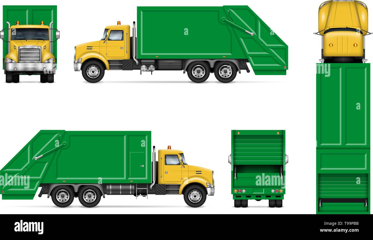Realistic green garbage truck vector mockup. Isolated template of dump Realistic green garbage truck vector mockup. Isolated template of dump