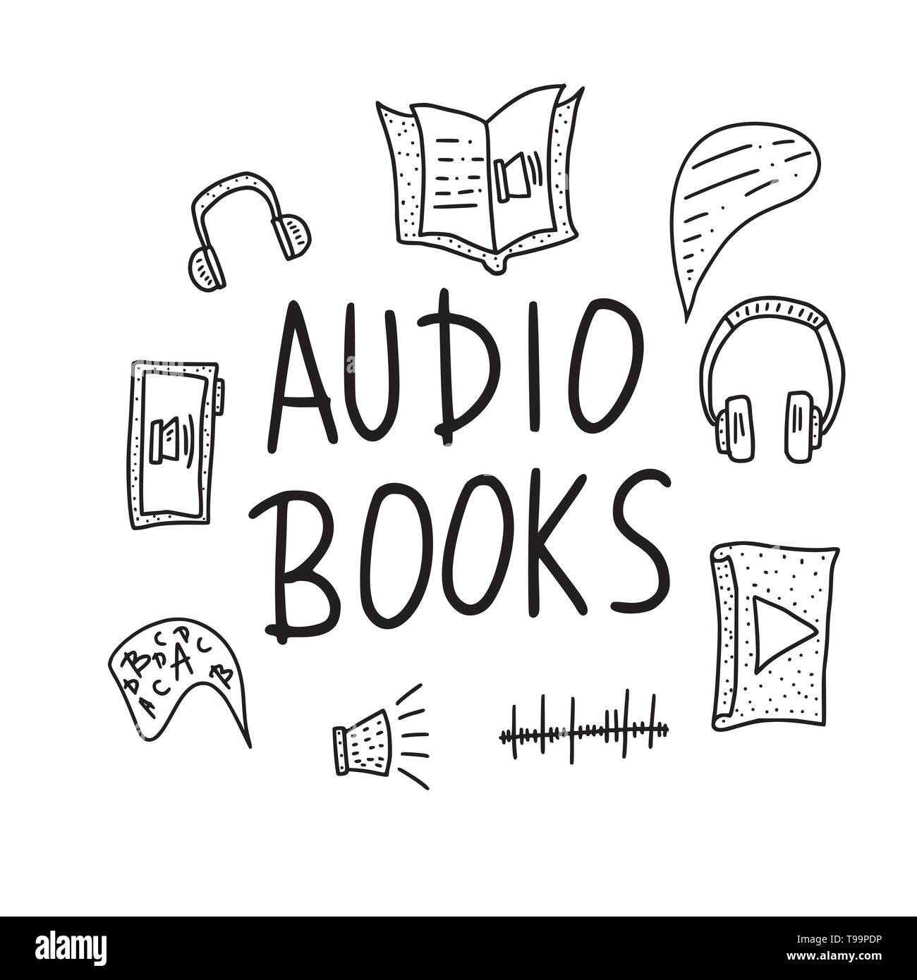 Audiobooks concept in doodle style. Set of audio book symbols with lettering. Vector black and