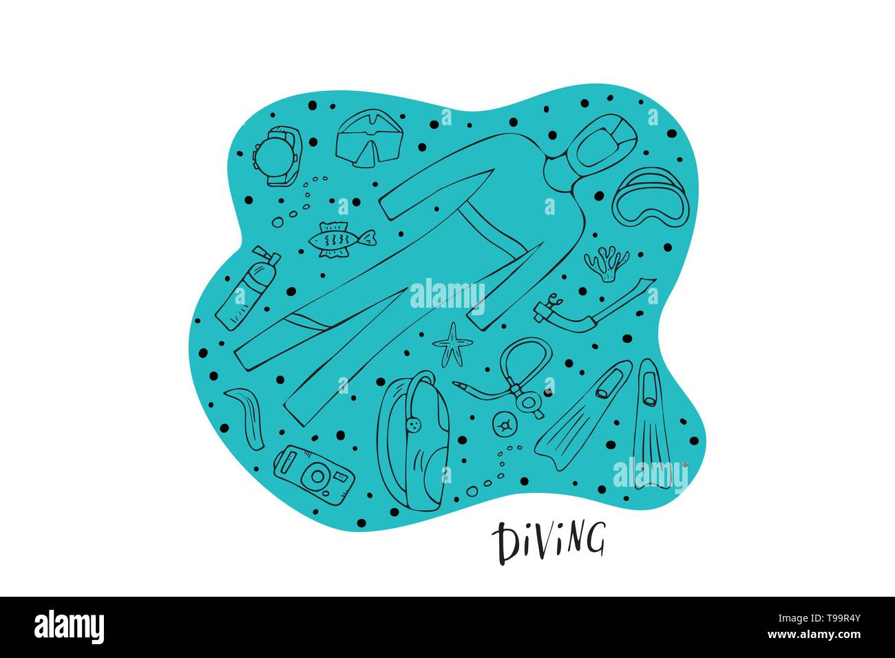 Scuba diving set of elements  and equipment. Underwater activity symbols and accessories. Diver wetsuit, scuba mask, aqualung and other items. Vector  Stock Vector