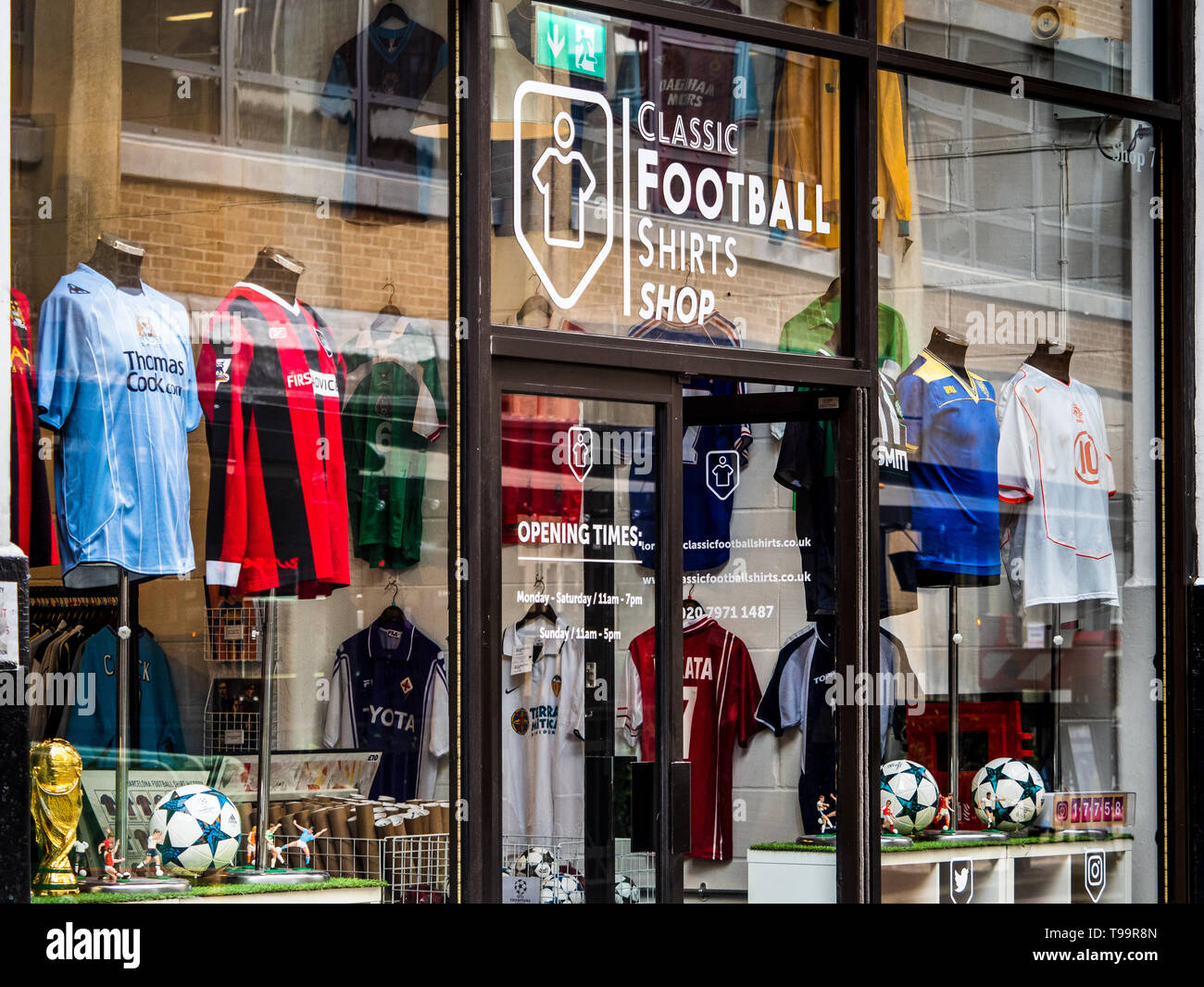 Classic Football Shirts Shop in the Old Truman Brewery off Brick Lane East London selling retro and vintage football shirts. Founded Manchester 2006 Stock Photo