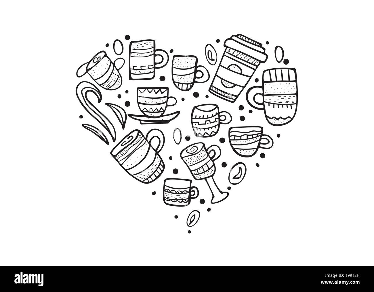 Heart shape badge  with coffe mugs. Set of cups with hot beverage in doodle style. Poster template. Vector illustration. Stock Vector