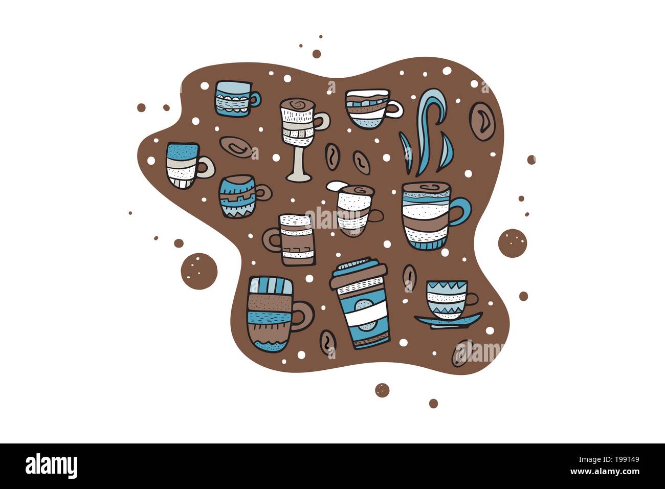 Composition with coffee mugs. Set of cups with hot beverage in doodle style. Poster template. Vector illustration. Stock Vector