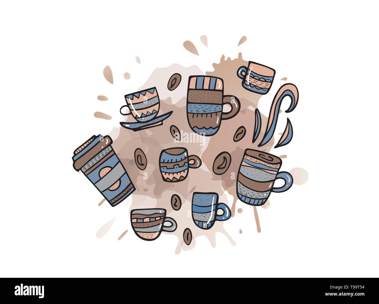 Poster template with coffee cups. Set of mugs with hot beverage in doodle style. Vector illustration. Stock Vector