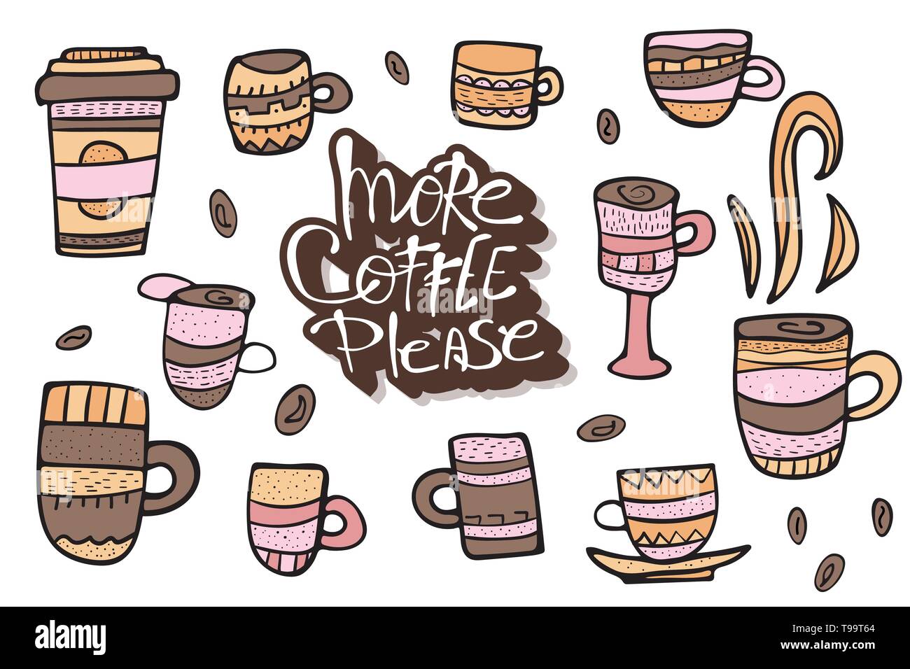More coffe please lettering with mugs. Set of cups with hot beverage in doodle style. Elements for menu decoration. Vector illustration. Stock Vector