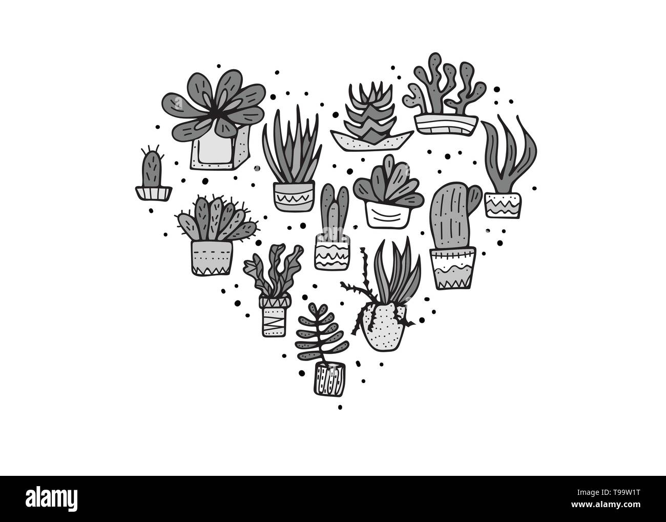 Succulents in doodle style. Set of house plants. Heart shape ...