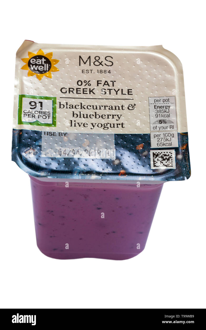 M&S 0% fat Greek style blackcurrant & blueberry live yogurt isolated on white background Stock Photo