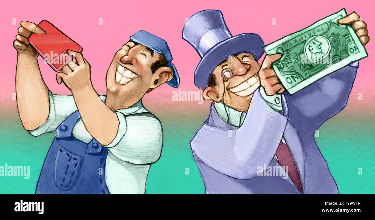 while a worker takes a selfie with his cell phone a rich man does the same but with a banknote  allegory  of profit in the telecommunications industry Stock Photo