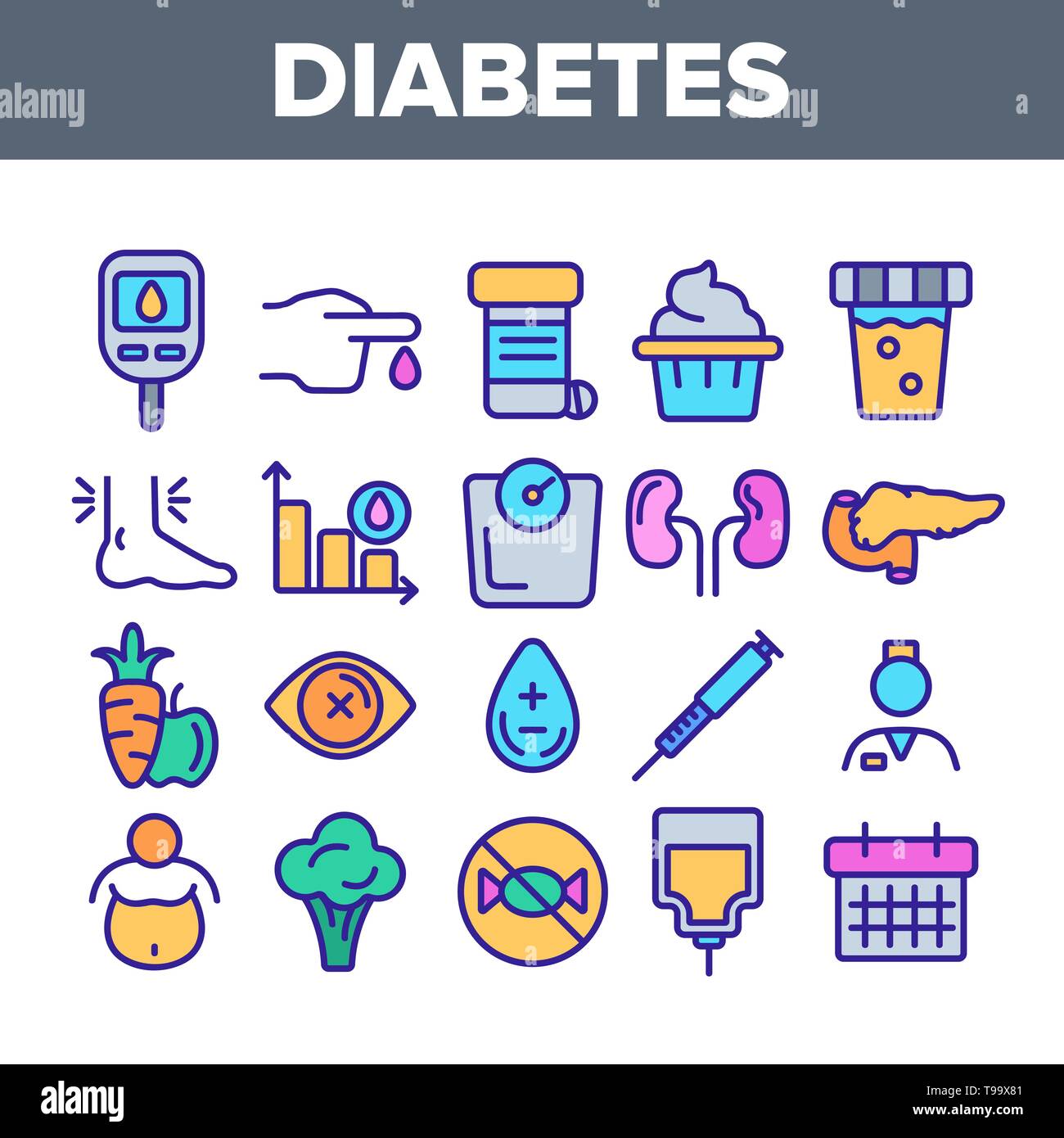 Diabetes, Disease Diagnostics Linear Vector Icons Set. Diabetes ...