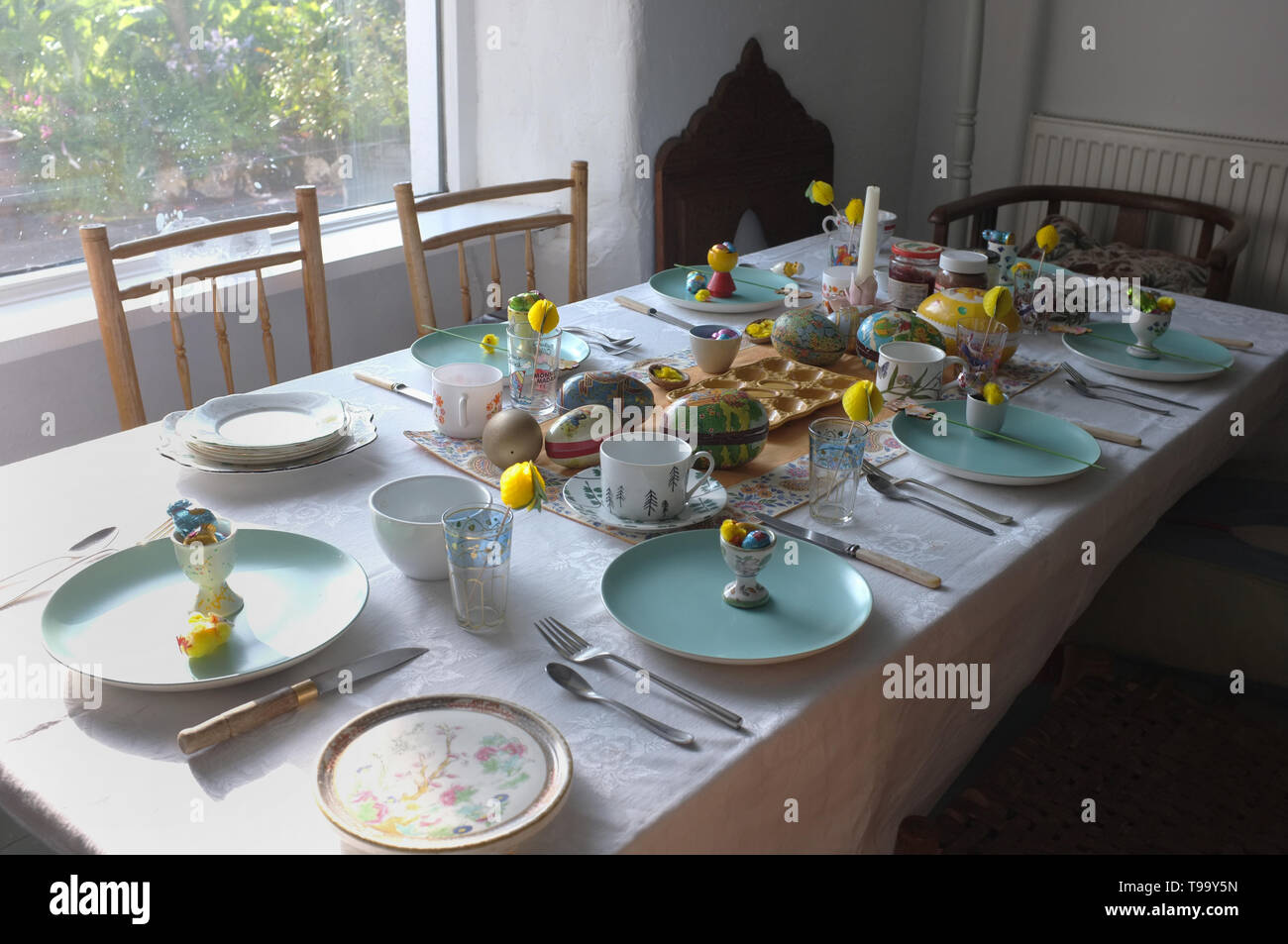 A table laid for Easter breakfast. Stock Photo