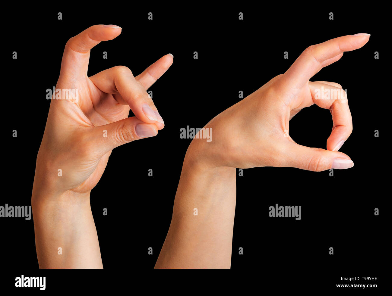 Set of women's hands showing horns of animal or giving the devil horns