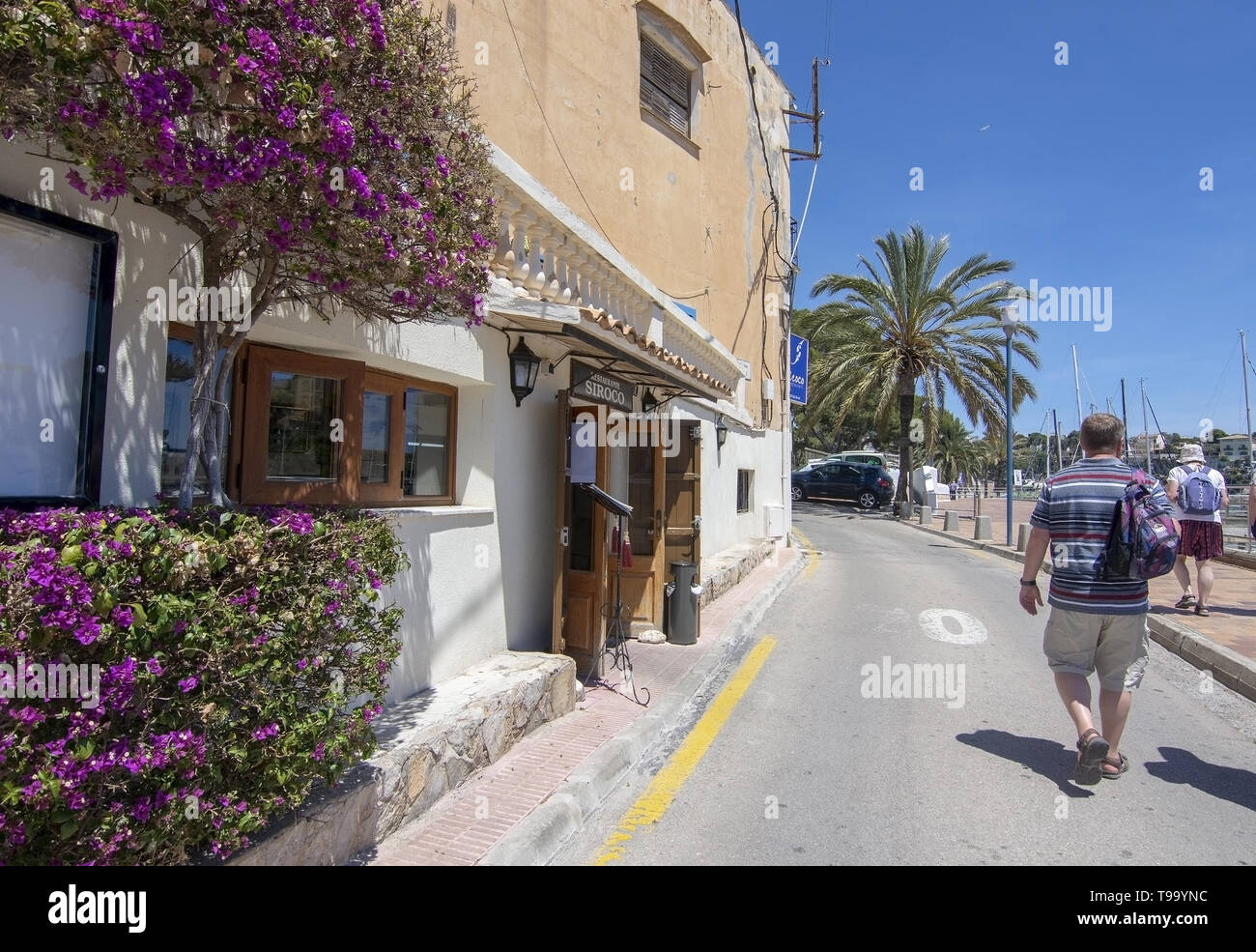 PORTO CRISTO, MALLORCA, SPAIN - MAY 16, 2019: Harbor area restaurant Siroco front on a sunny day on May 16, 2019 in Porto Cristo, Mallorca, Spain. Stock Photo