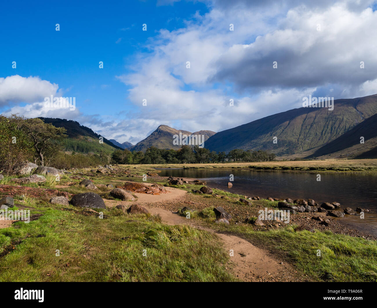 Wide view of Loch Etive in the Glencoe Valley surrounded by the