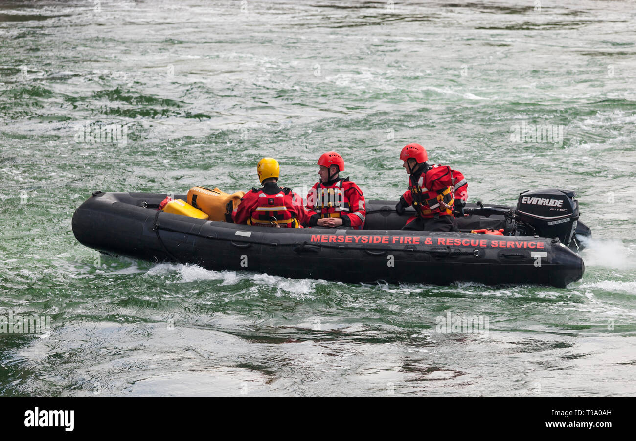 Merseyside Fire & Rescue Service training in a RIB. The Swellies, Menai Strait, North Wales, Stock Photo