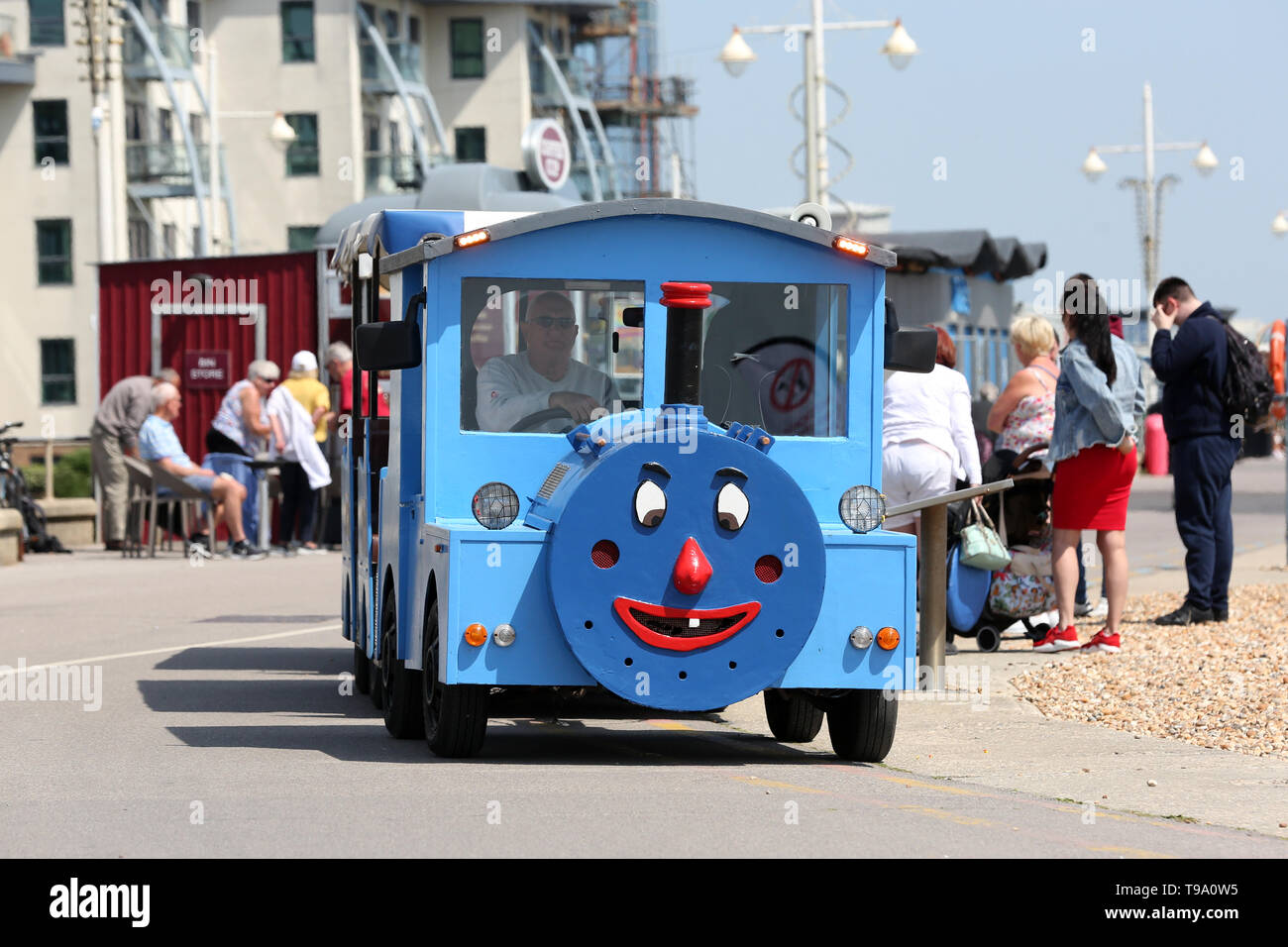 The Bognor Regis Road Train pictured on it's seafront route from Butlins to the town centre and Pier, West Sussex, UK. Stock Photo