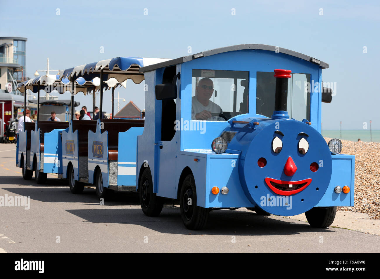 The Bognor Regis Road Train pictured on it's seafront route from Butlins to the town centre and Pier, West Sussex, UK. Stock Photo