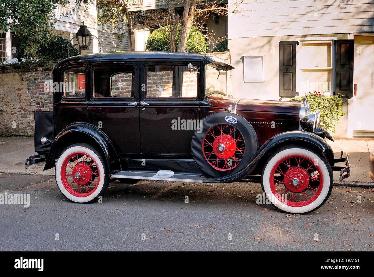 A Ford Model A Restored, Deluxe 4 Door Town Sedan, circa 1930. Production ended in 1932. Almost 5 million were sold. Stock Photo