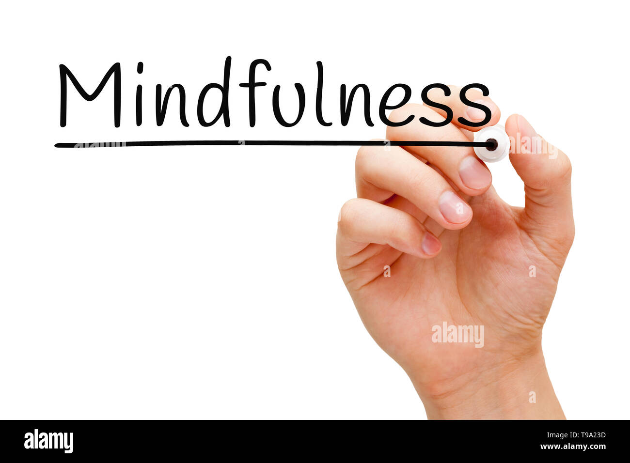 Hand writing the word Mindfulness with black marker on transparent wipe board isolated on white. Stock Photo