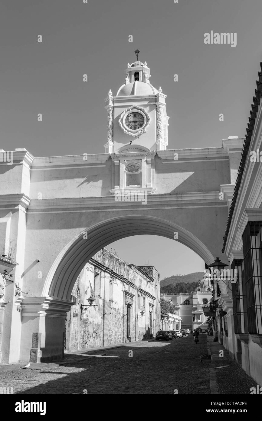 Arco de Santa Catalina in black and white, Antigua, Guatemala Stock