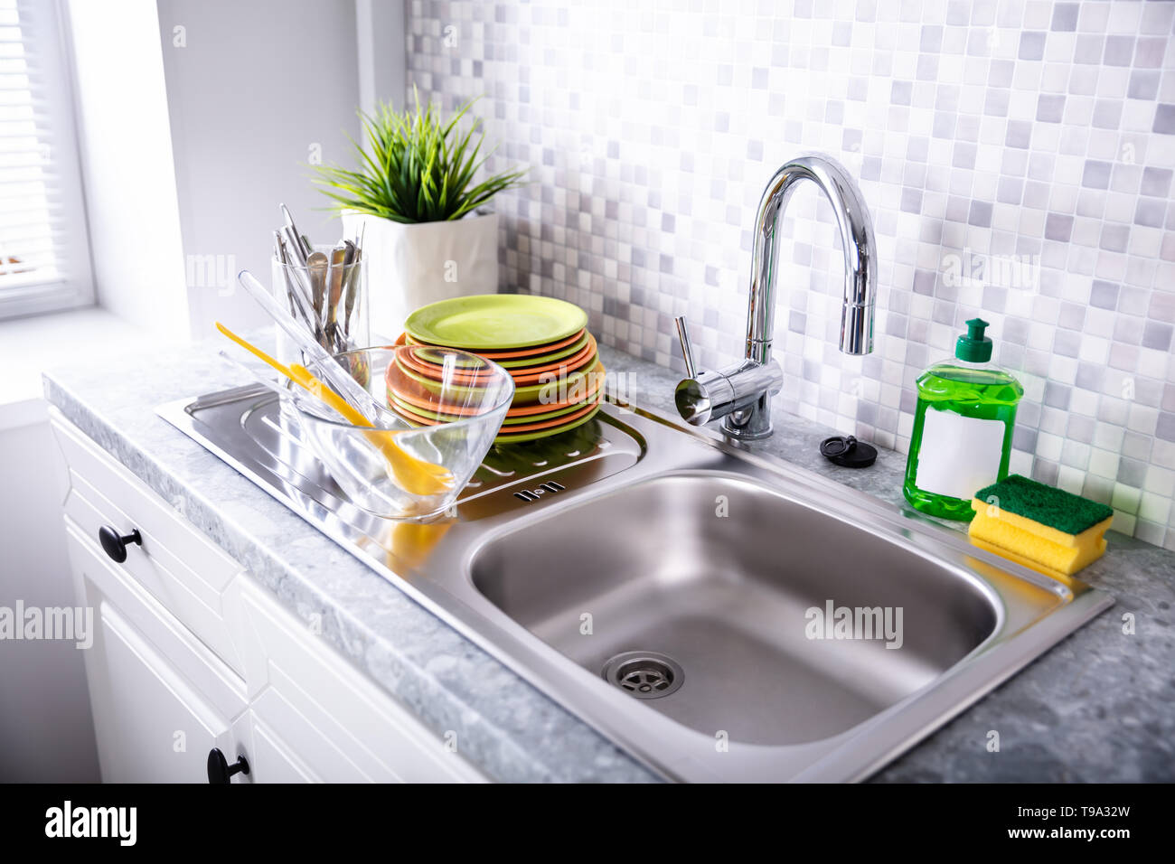 Clean Counter In Kitchen With Utensils At Home Stock Photo