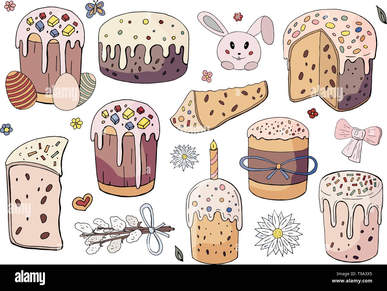 Happy Easter holiday. Easter cakes, willow twig, and rabbit  elements Stock Vector