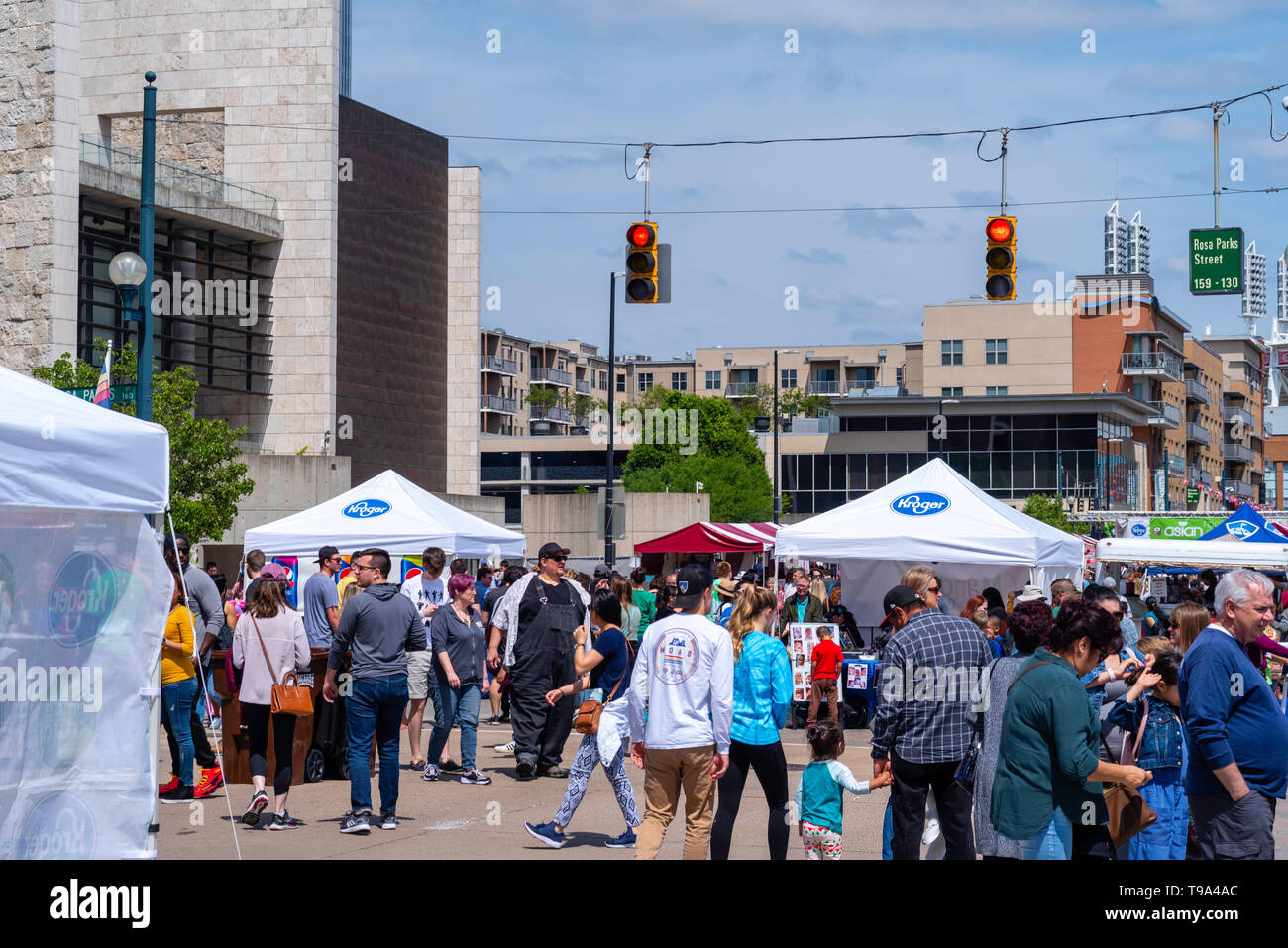 People gather along the riverfront at Cincinnati's Asian American Food Festival; May, 2019