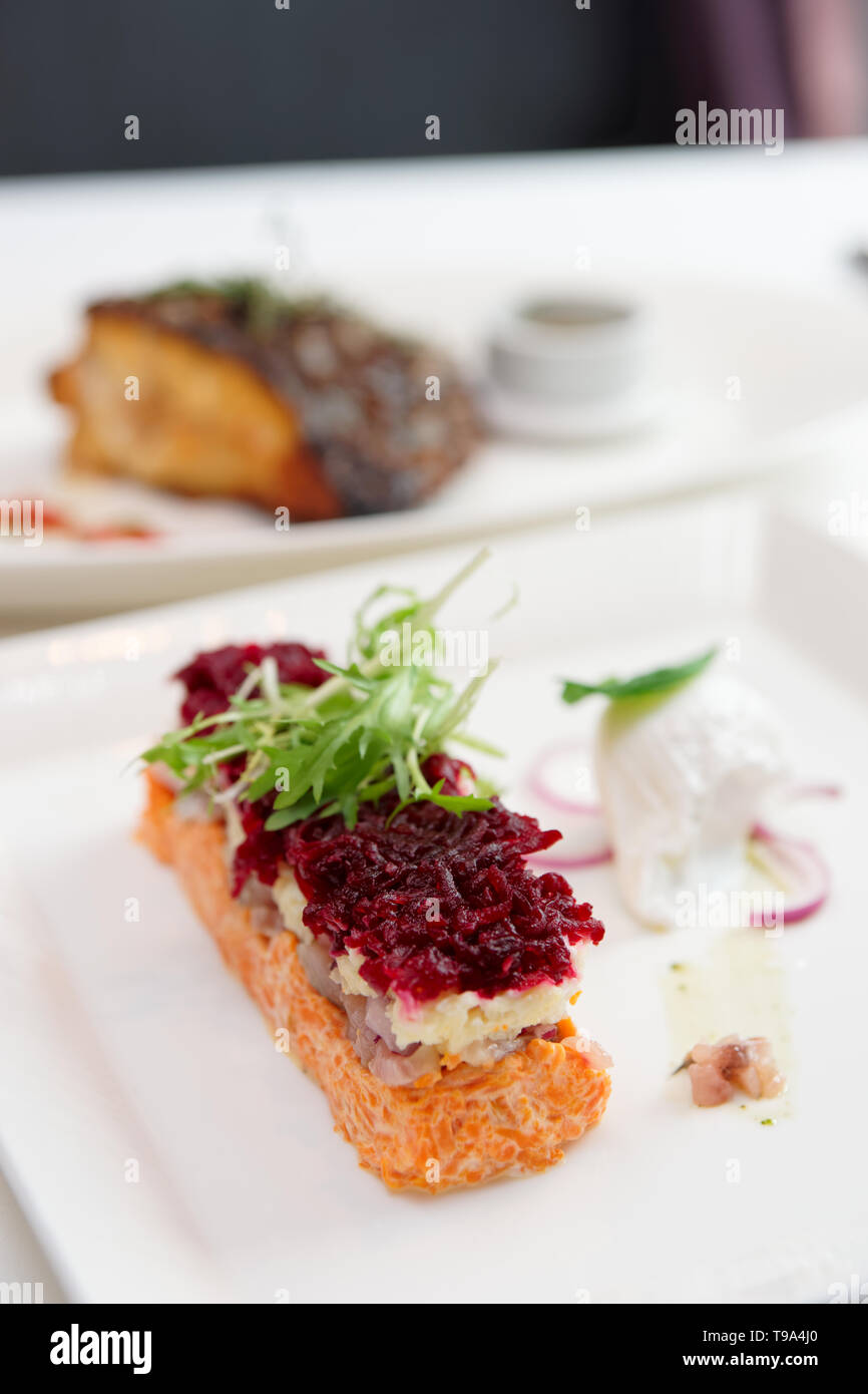 Dressed herring appetizer, traditional Russian cuisine dish, cooked with modern twist Stock