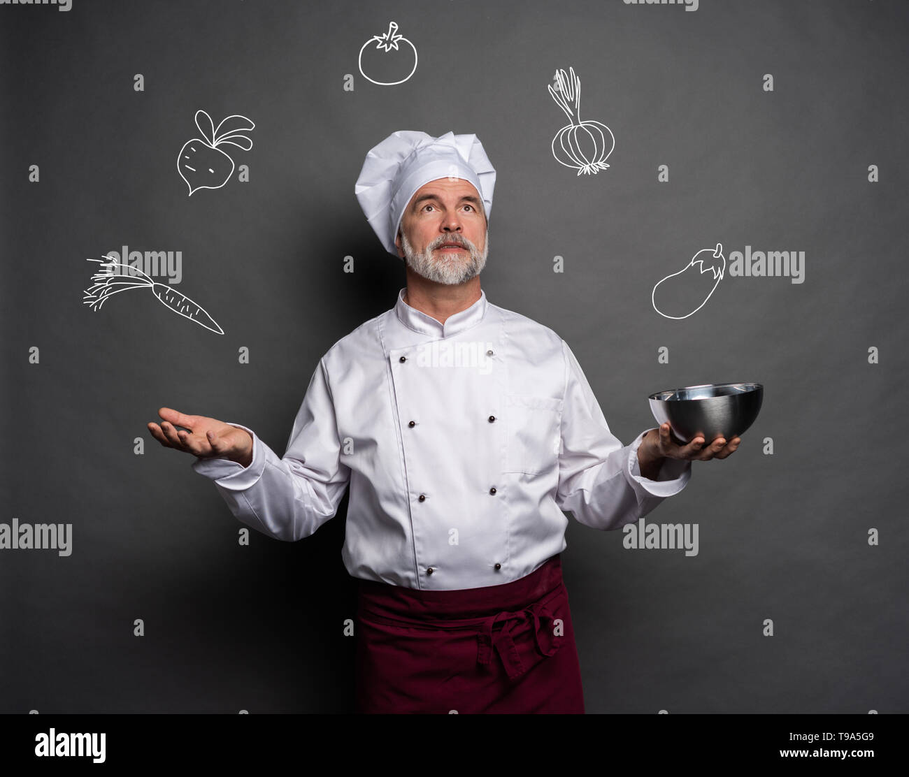 Image of chef planing what to cook on gray background.Chef thinking ...