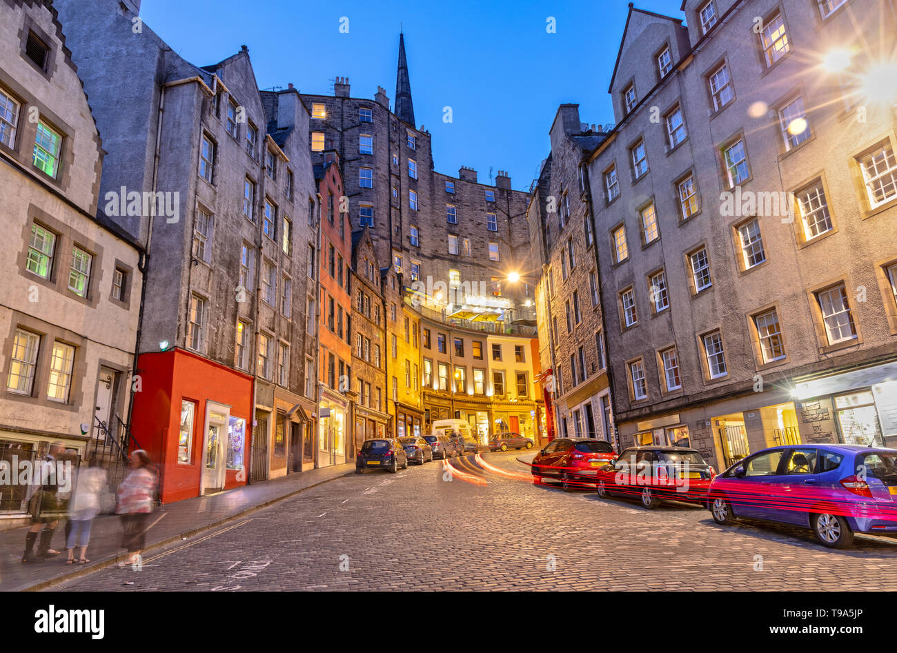 Colorful Victoria Street in Edinburgh Scotland at Night Stock Photo