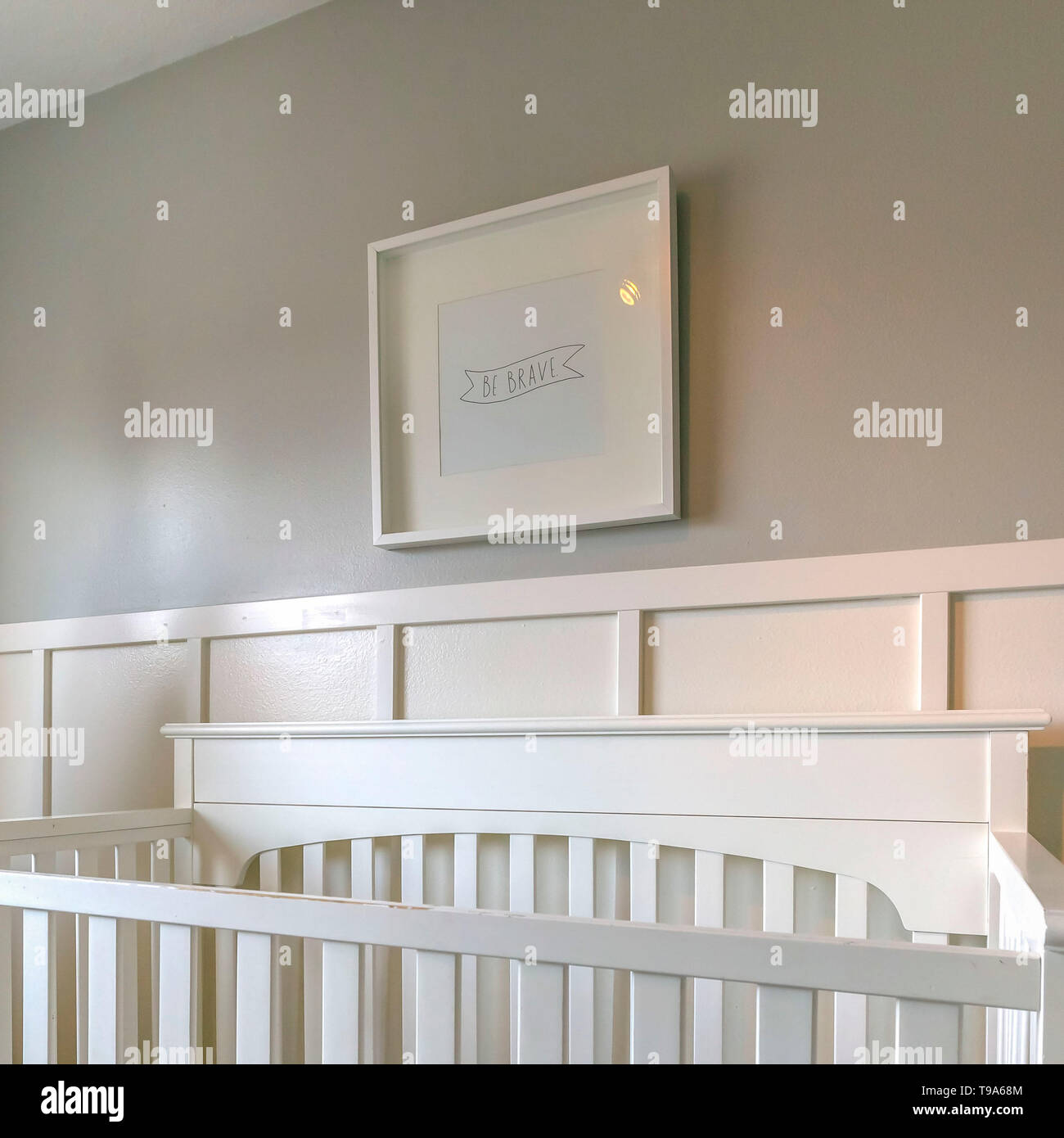 Square Interior Of A Room For Children With White Wooden Crib And