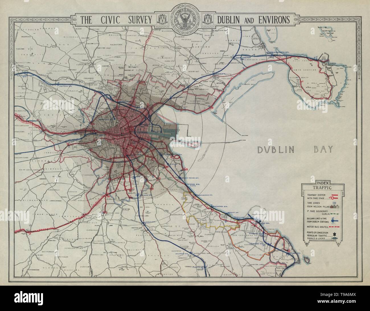 DUBLIN CIVIC SURVEY Public transport. Tramway railway system Bus routes  1925 map Stock Photo - Alamy