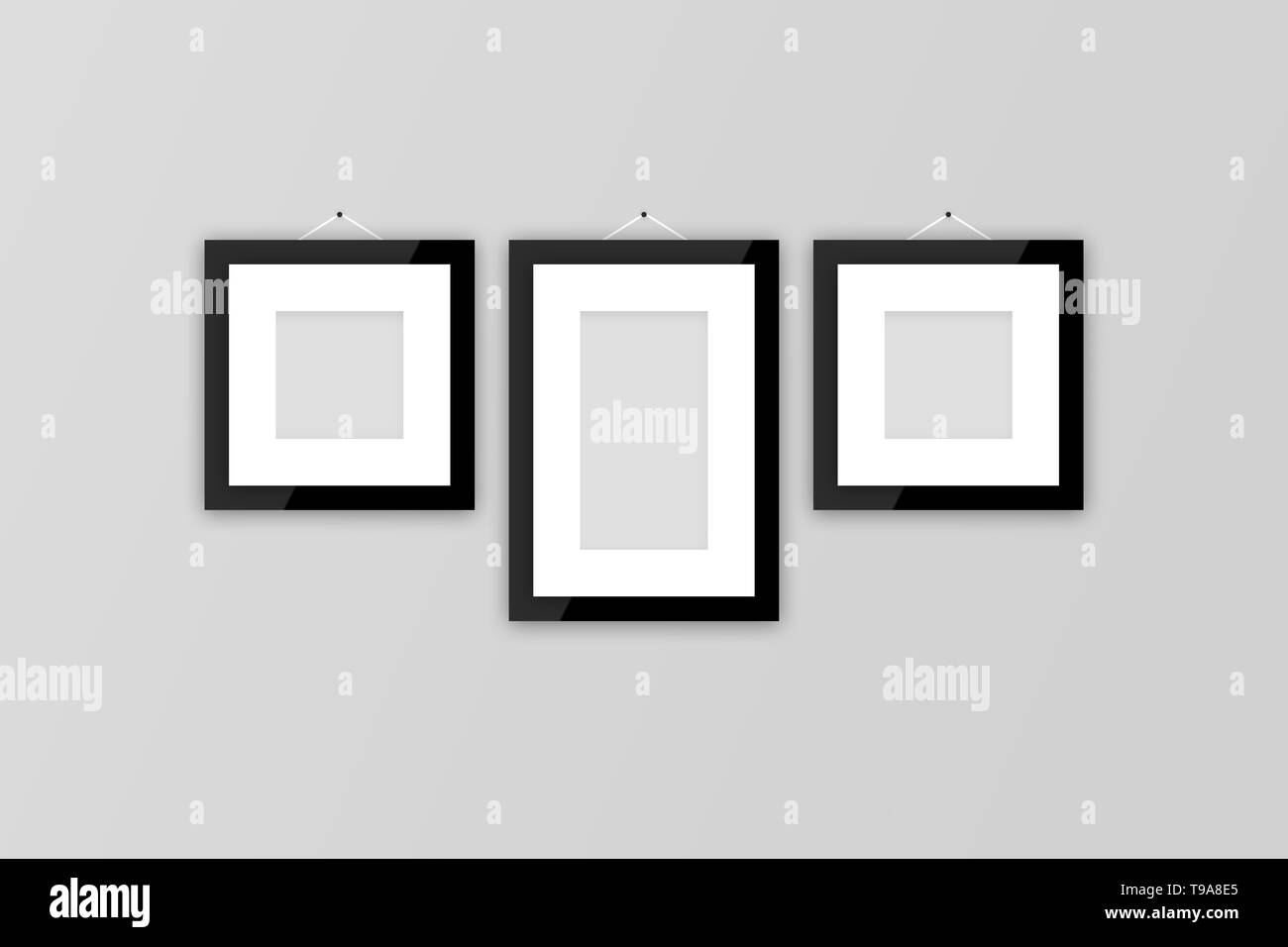3D illustration, blank modern photo black frame on gray wall with copy