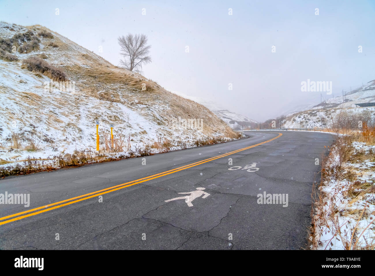Hill road with pedestrian and bicycle lane sign Stock Photo Alamy