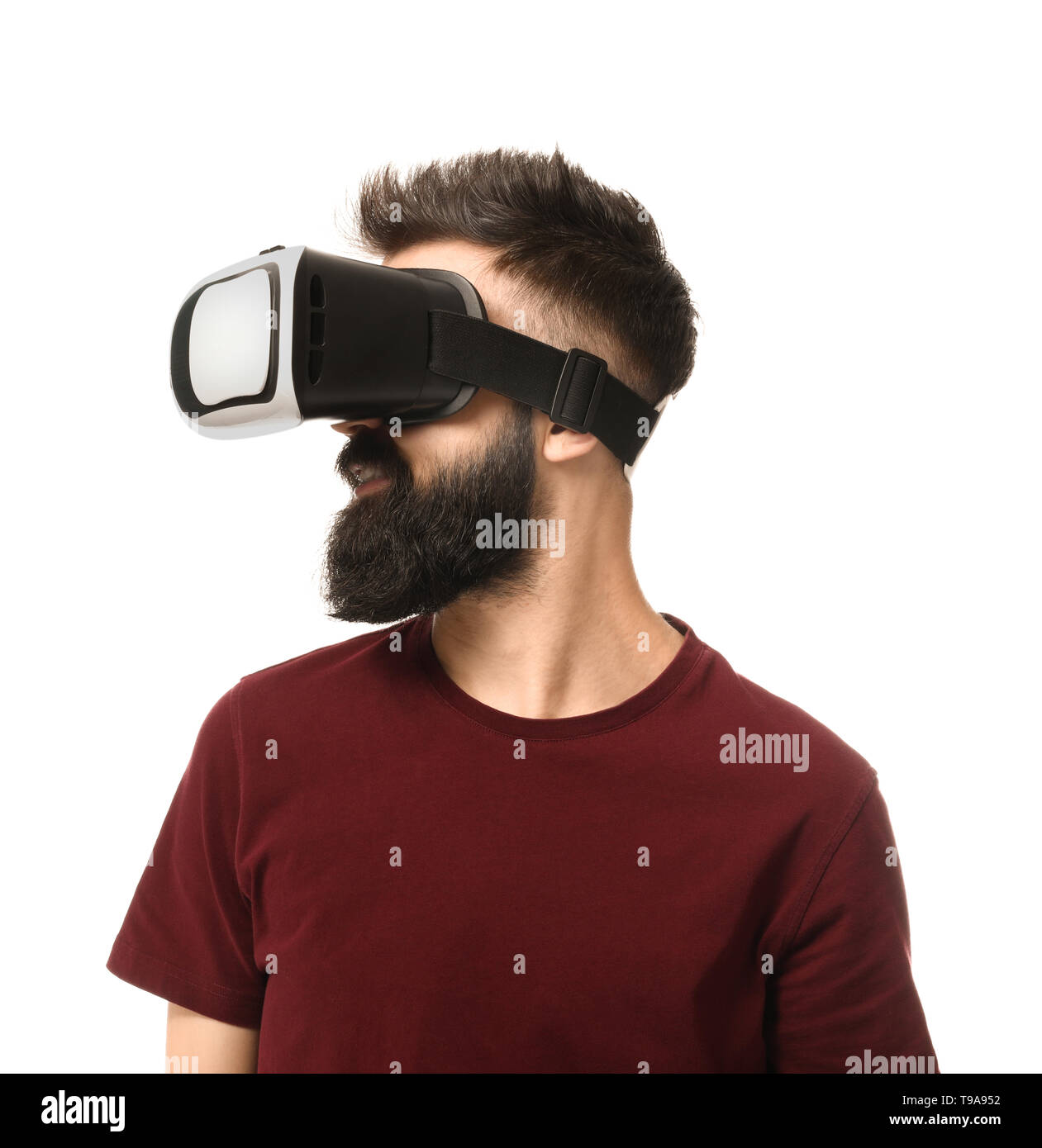 Man wearing virtual reality glasses on white background Stock Photo - Alamy