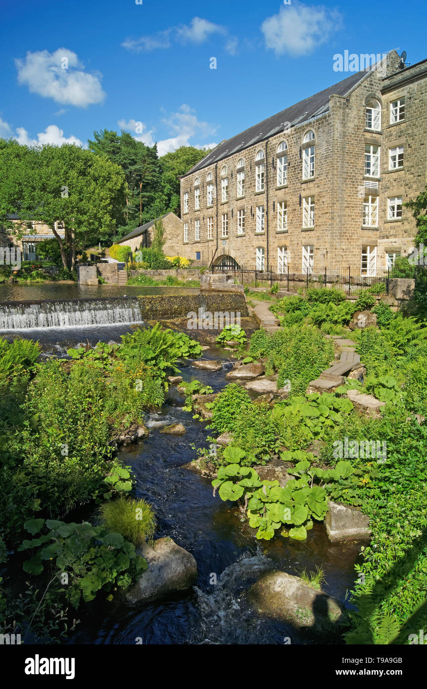 UK,Derbyshire,Peak District,Bamford Weir and Mill on The River Derwent Stock Photo