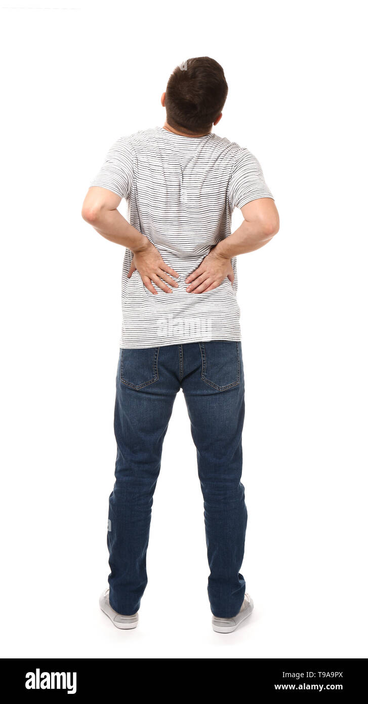 Man suffering from flank pain on white background Stock Photo - Alamy