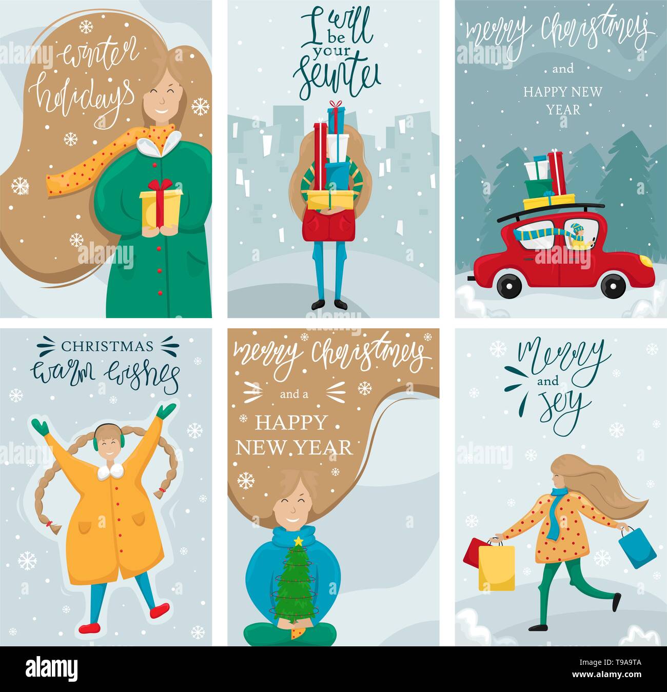 Download Set Of Vector Merry Christmas And Happy New Year Posters Flat Vector Illustrations A Girl With A Pile Of Christmas Gifts In Her Hands Vector Poster Stock Vector Image Art 3D SVG Files Ideas | SVG, Paper Crafts, SVG File