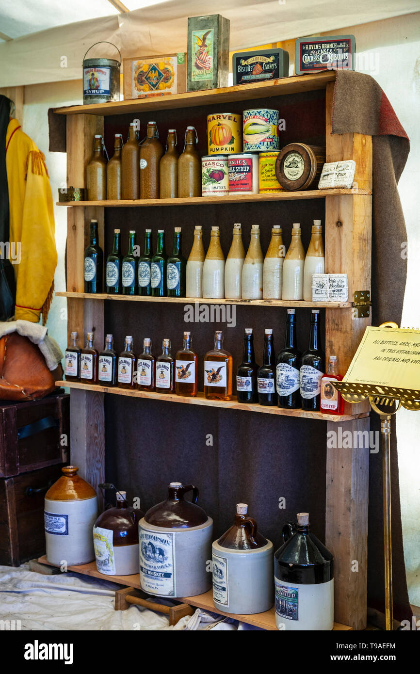 Bottled goods display at Interior of Doc's Mercantile, Fort Stanton Live!, Fort Stanton, New Mexico USA Stock Photo