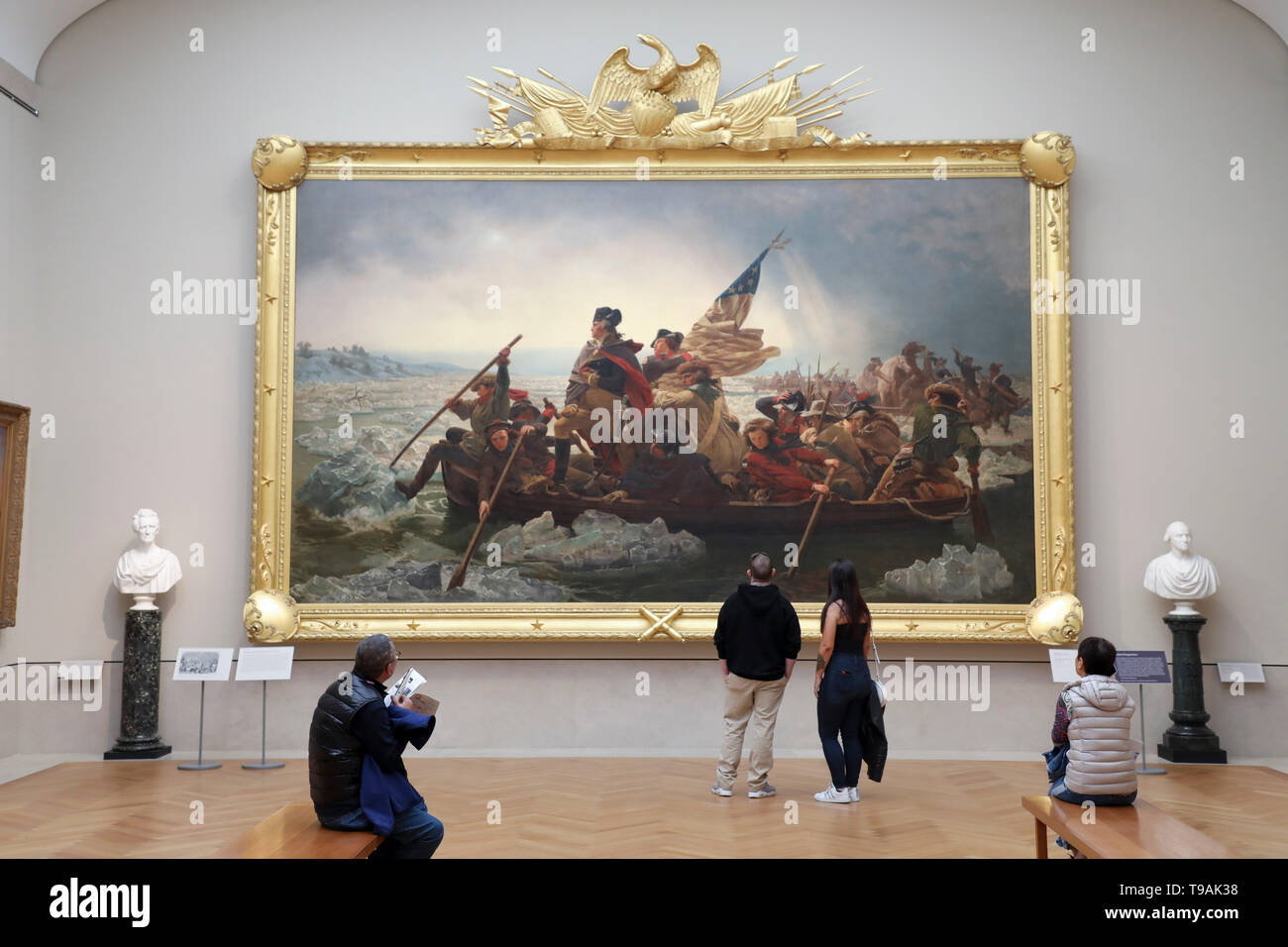 Beijing, USA. 15th May, 2019. People view Washington Crossing the Delaware by Emanuel Leutze displayed at the Metropolitan Museum of Art in New York, the United States, May 15, 2019. Saturday marks the International Museum Day. Credit: Wang Ying/Xinhua/Alamy Live News Stock Photo