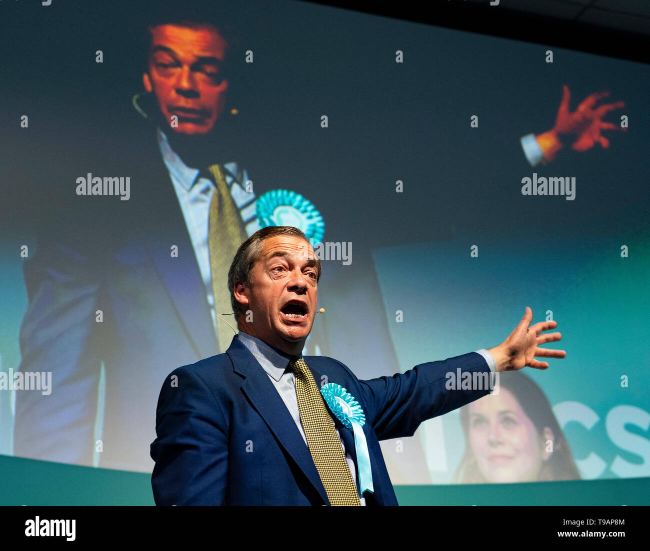 Edinburgh, Scotland, UK. 17th May, 2019. Nigel Farage in Edinburgh for a rally with the Brexit Party's European election candidates. Held at the Corn Exchange in the city. Credit: Iain Masterton/Alamy Live News Stock Photo