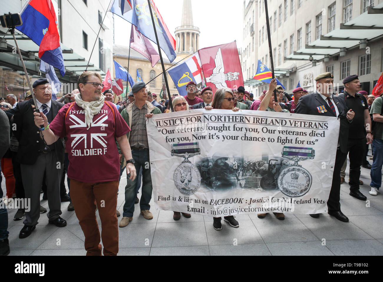 Broadcasting House, London, UK. 18th May, 2019. Hundreds of veterans demonstrate outside the BBC in protest of the prosecution of Soldier F - who faces murder charges over the Bloody Sunday shootings in 1972. Credit: Penelope Barritt/Alamy Live News Stock Photo